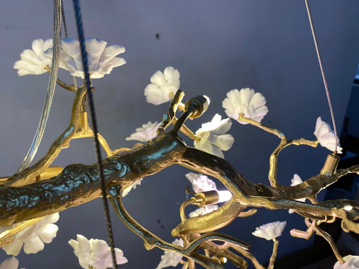 Post-Modern Art Brass and Ceramics Flower Pendant Branch Chandelier for Living/Dining Room - Zelno Lighting