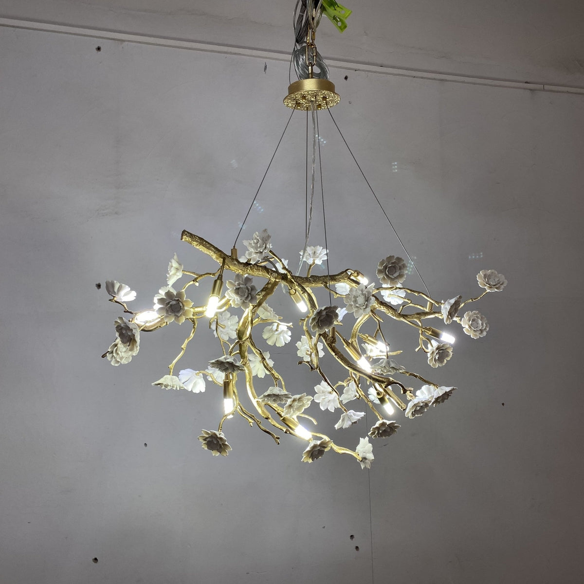 Post-Modern Art Brass and Ceramics Flower Pendant Branch Chandelier for Living/Dining Room - Zelno Lighting