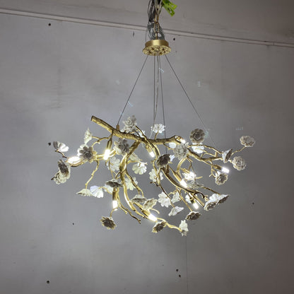 Post-Modern Art Brass and Ceramics Flower Pendant Branch Chandelier for Living/Dining Room - Zelno Lighting
