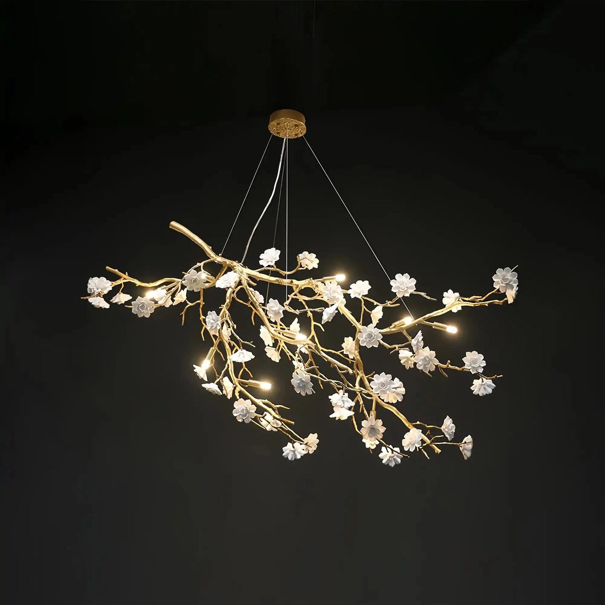 Post-Modern Art Brass and Ceramics Flower Pendant Branch Chandelier for Living/Dining Room - Zelno Lighting