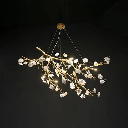 Post-Modern Art Brass and Ceramics Flower Pendant Branch Chandelier for Living/Dining Room - Zelno Lighting