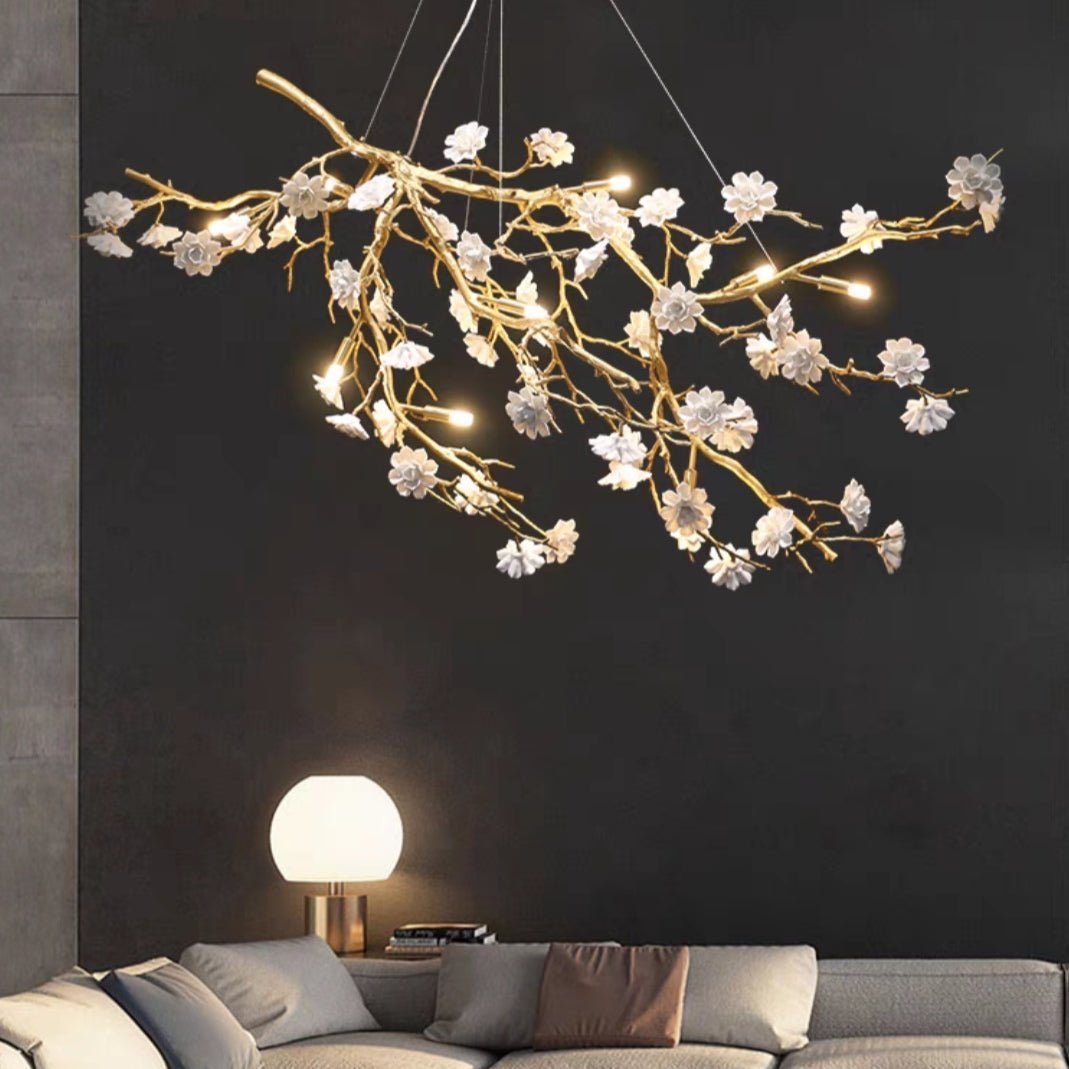 Post-Modern Art Brass and Ceramics Flower Pendant Branch Chandelier for Living/Dining Room - Zelno Lighting