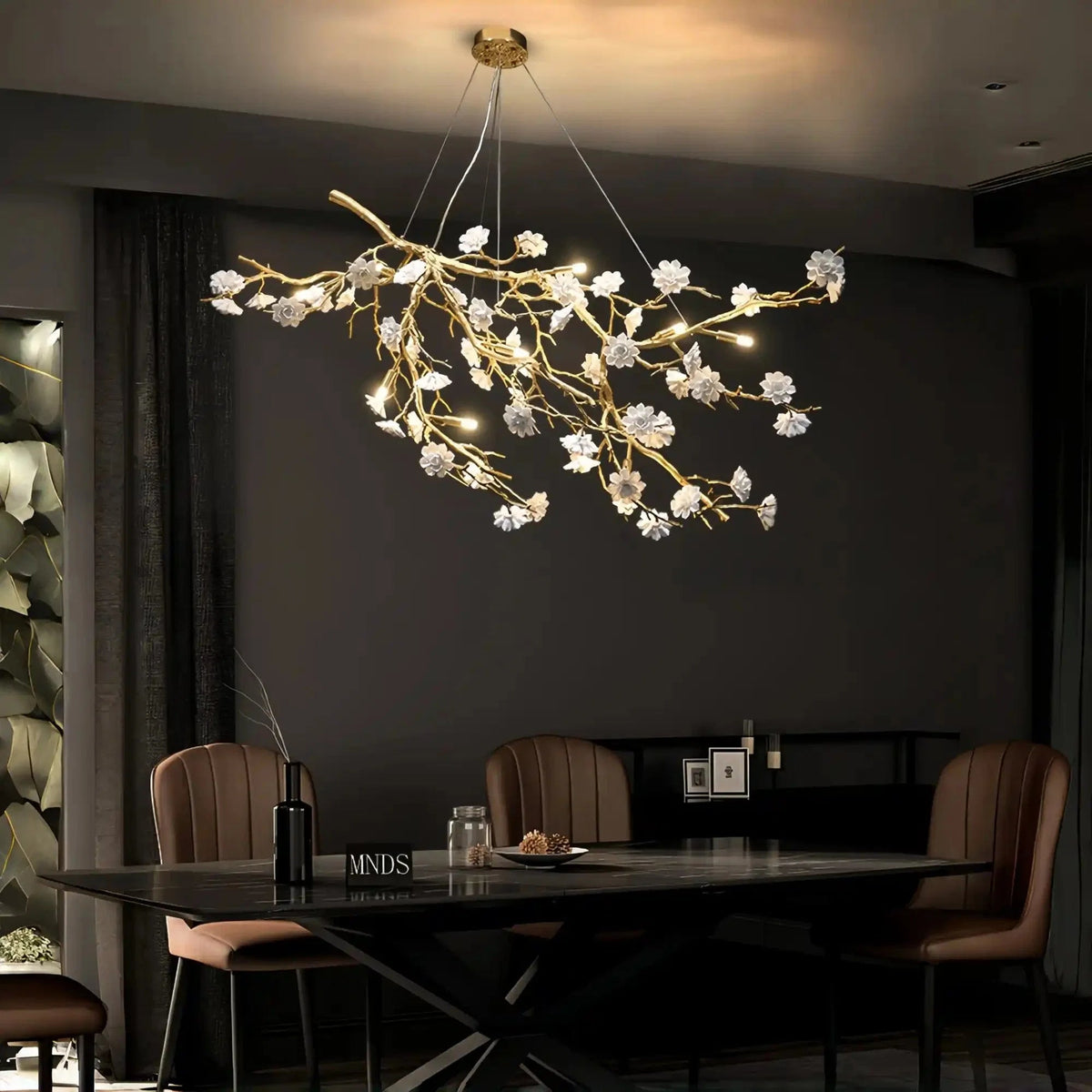Post-Modern Art Brass and Ceramics Flower Pendant Branch Chandelier for Living/Dining Room - Zelno Lighting