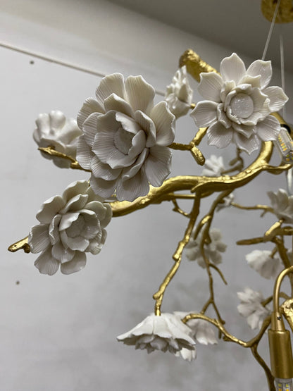 Post-Modern Art Brass and Ceramics Flower Pendant Branch Chandelier for Living/Dining Room - Zelno Lighting