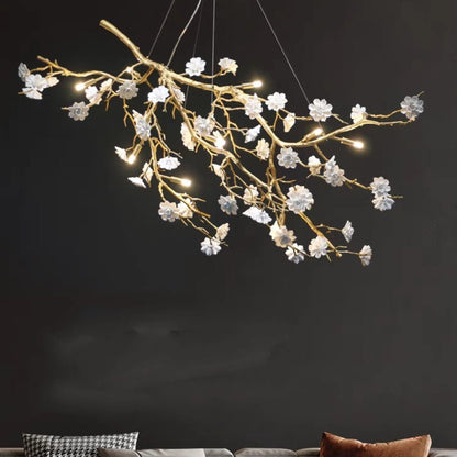 Post-Modern Art Brass and Ceramics Flower Pendant Branch Chandelier for Living/Dining Room - Zelno Lighting