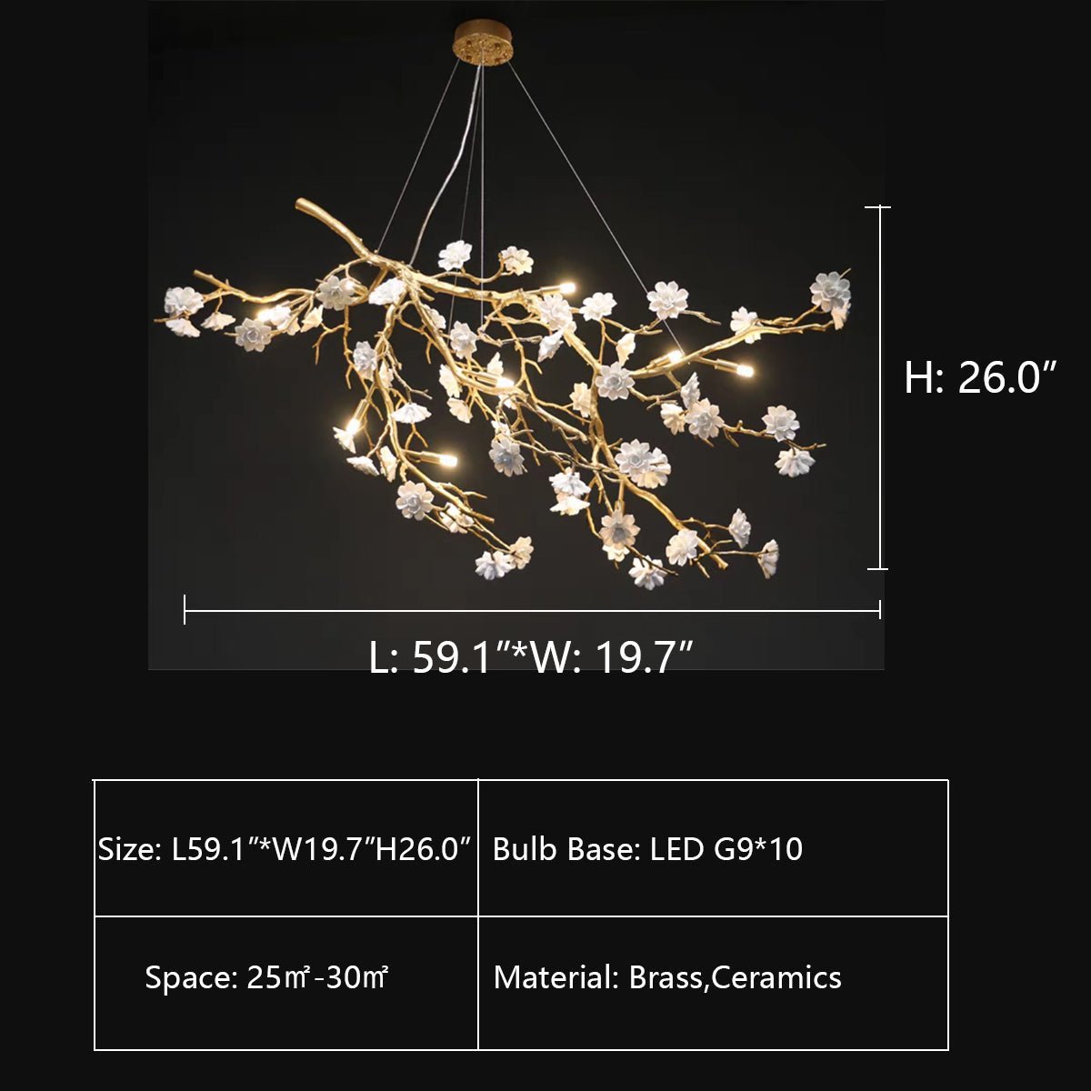 Post-Modern Art Brass and Ceramics Flower Pendant Branch Chandelier for Living/Dining Room - Zelno Lighting