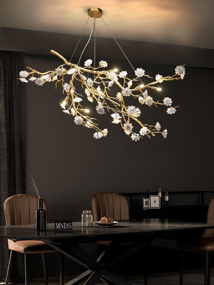 Post-Modern Art Brass and Ceramics Flower Pendant Branch Chandelier for Living/Dining Room - Zelno Lighting