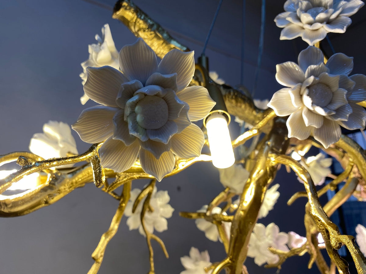 Post-Modern Art Brass and Ceramics Flower Pendant Branch Chandelier for Living/Dining Room - Zelno Lighting
