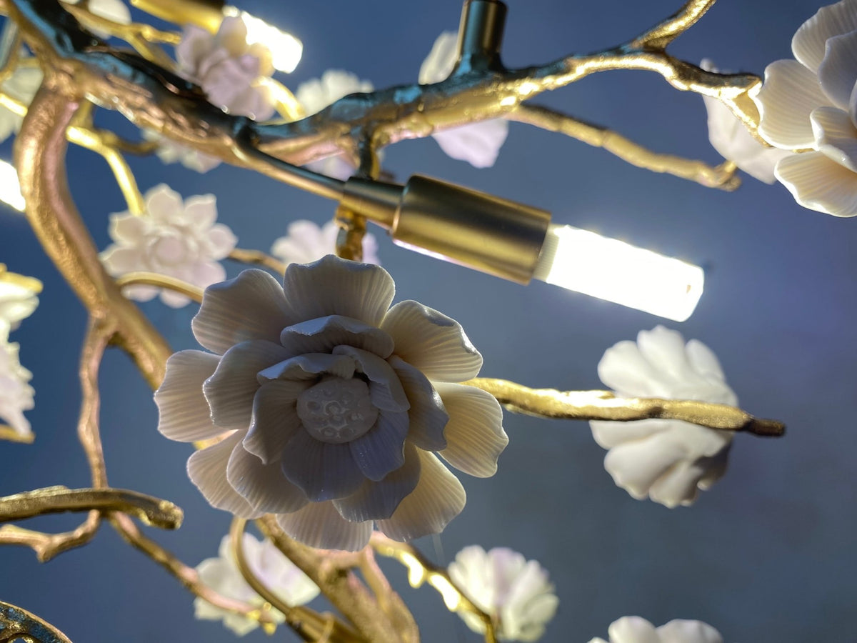 Post-Modern Art Brass and Ceramics Flower Pendant Branch Chandelier for Living/Dining Room - Zelno Lighting