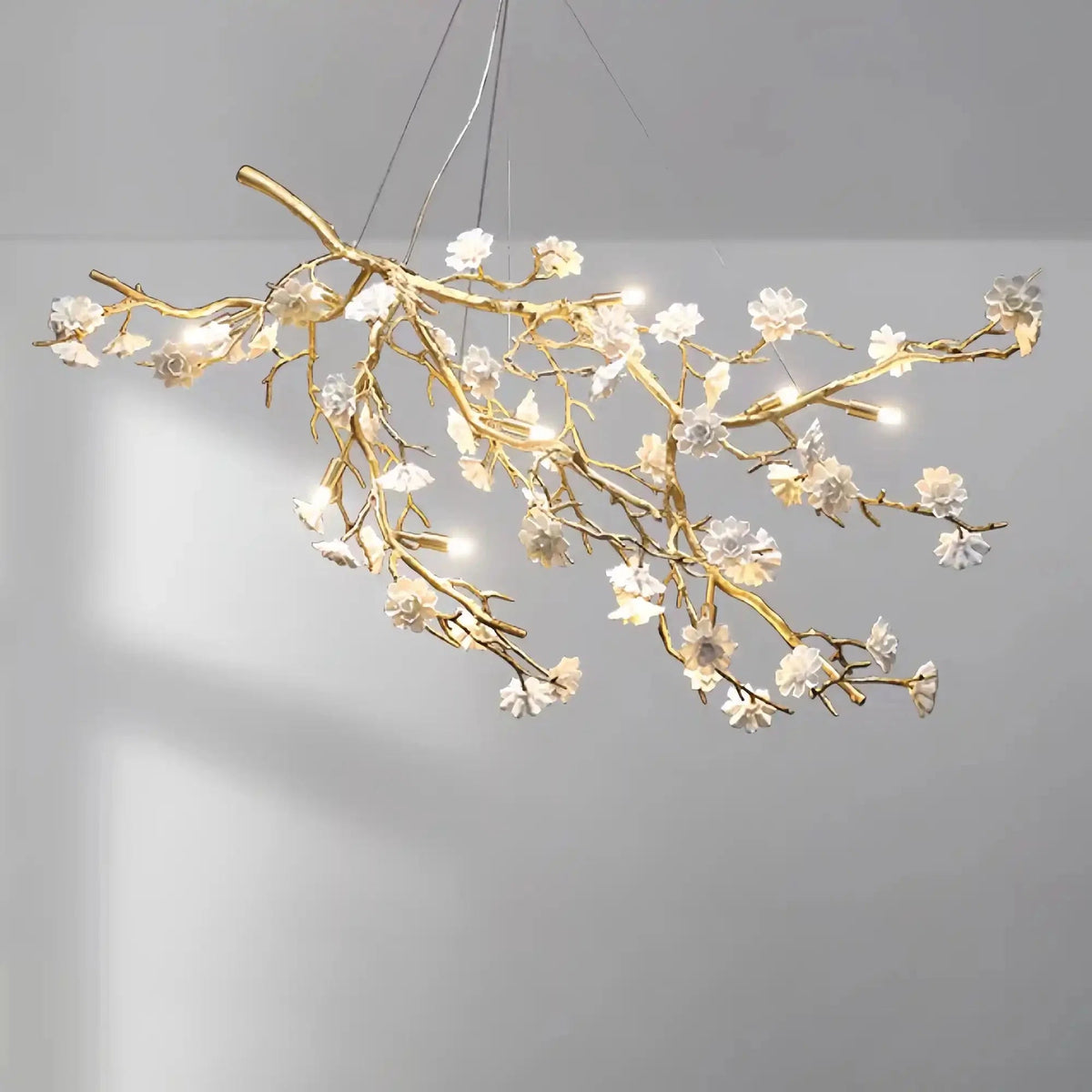 Post-Modern Art Brass and Ceramics Flower Pendant Branch Chandelier for Living/Dining Room - Zelno Lighting