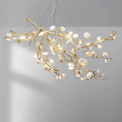 Post-Modern Art Brass and Ceramics Flower Pendant Branch Chandelier for Living/Dining Room - Zelno Lighting