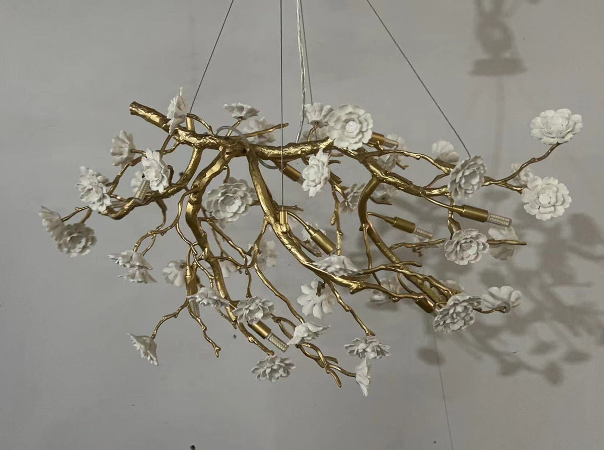 Post-Modern Art Brass and Ceramics Flower Pendant Branch Chandelier for Living/Dining Room - Zelno Lighting