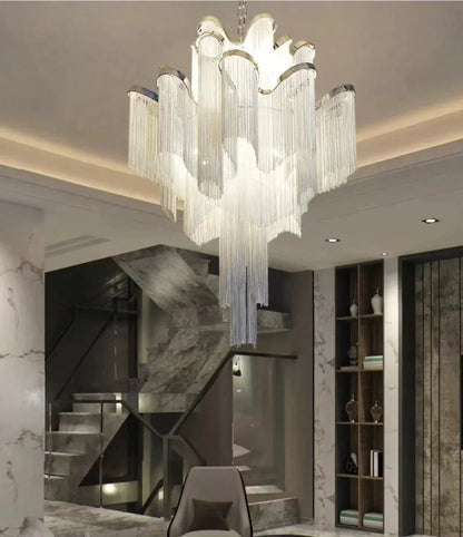 Post-Modern Extra Large Stainless Steel Long Tassel Chandelier for Large Living Room / Staircase / Villa / Duplexes - Zelno Lighting