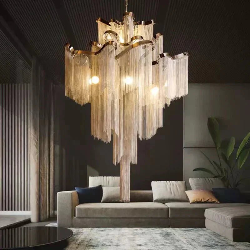 Post-Modern Extra Large Stainless Steel Long Tassel Chandelier for Large Living Room / Staircase / Villa / Duplexes - Zelno Lighting