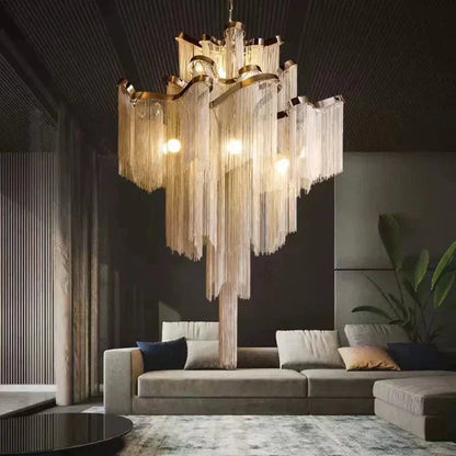 Post-Modern Extra Large Stainless Steel Long Tassel Chandelier for Large Living Room / Staircase / Villa / Duplexes - Zelno Lighting