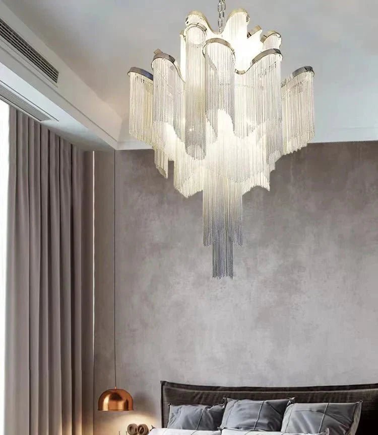 Post-Modern Extra Large Stainless Steel Long Tassel Chandelier for Large Living Room / Staircase / Villa / Duplexes - Zelno Lighting
