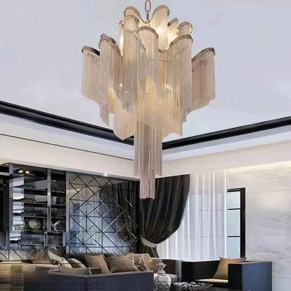 Post-Modern Extra Large Stainless Steel Long Tassel Chandelier - Zelno Lighting
