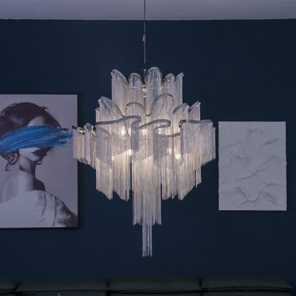 Post-Modern Extra Large Stainless Steel Long Tassel Chandelier - Zelno Lighting