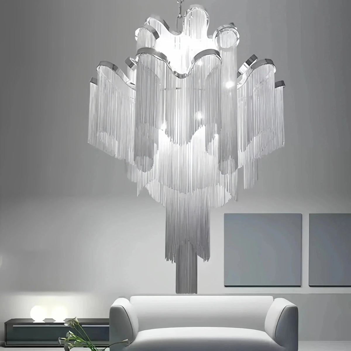 Post-Modern Extra Large Stainless Steel Long Tassel Chandelier - Zelno Lighting