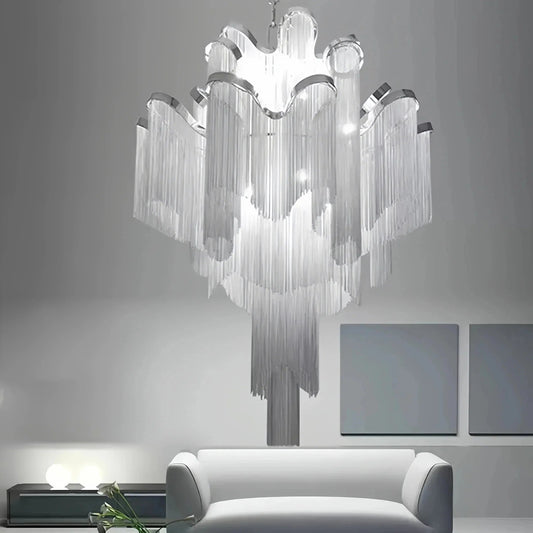 Post-Modern Extra Large Stainless Steel Long Tassel Chandelier - Zelno Lighting