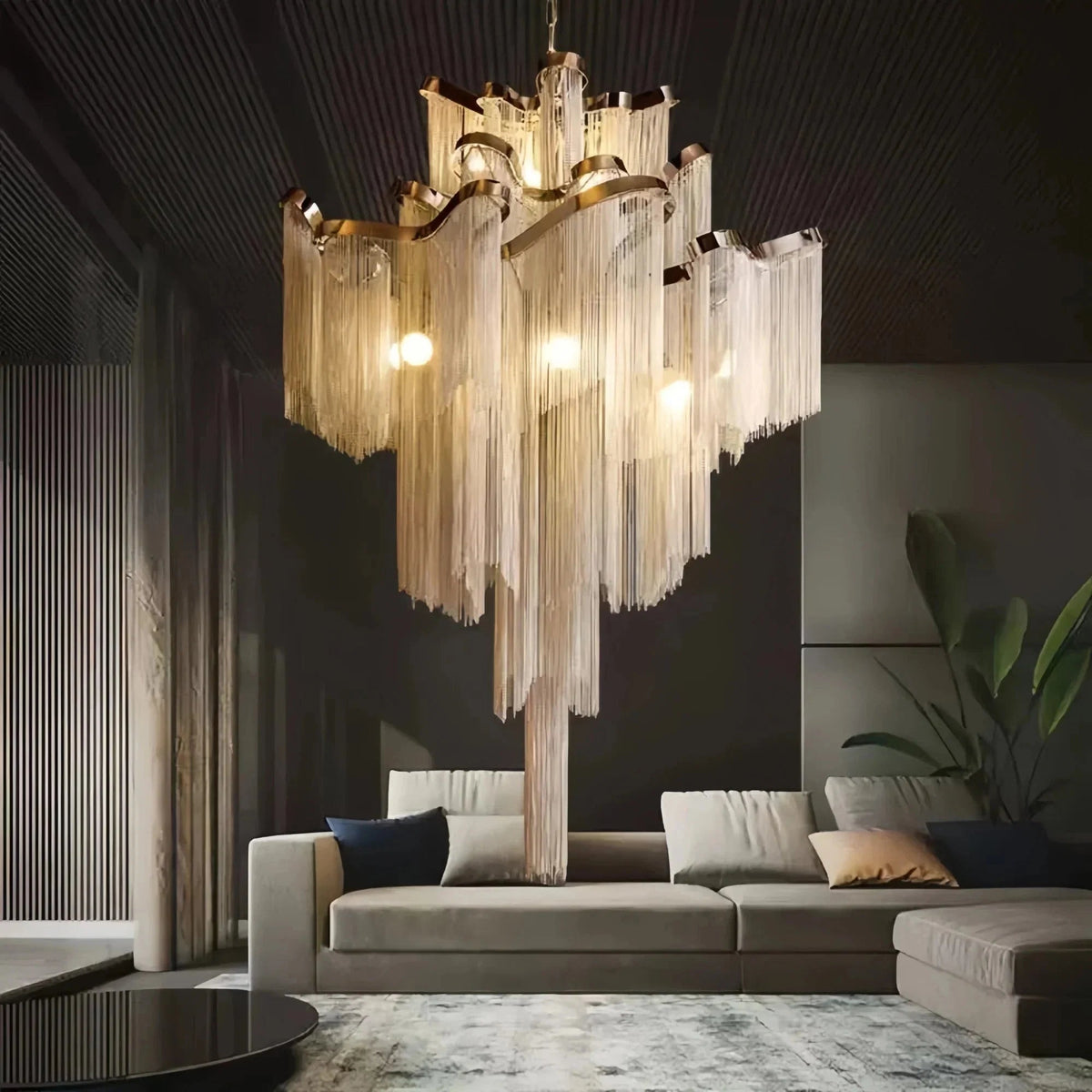 Post-Modern Extra Large Stainless Steel Long Tassel Chandelier - Zelno Lighting