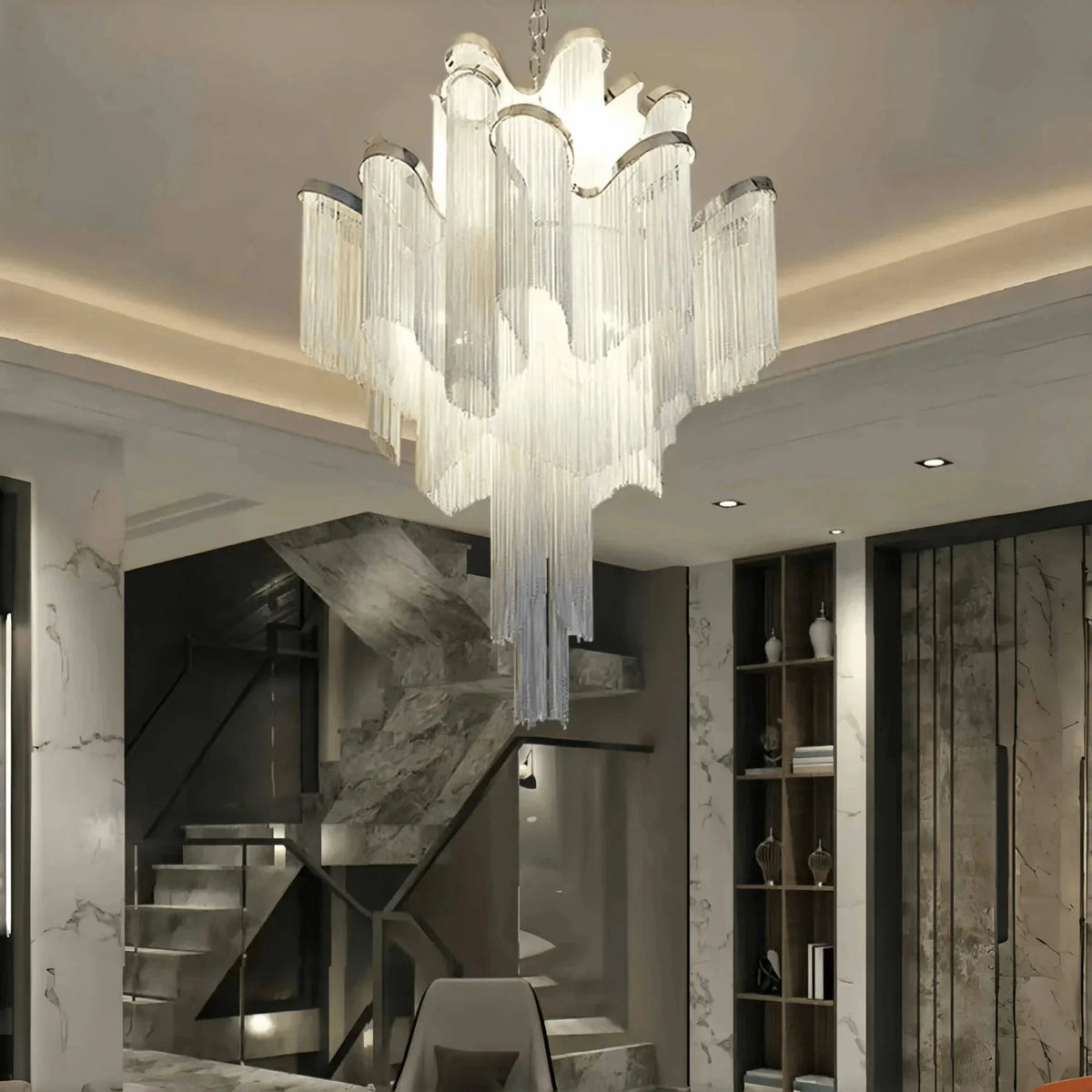 Post-Modern Extra Large Stainless Steel Long Tassel Chandelier - Zelno Lighting