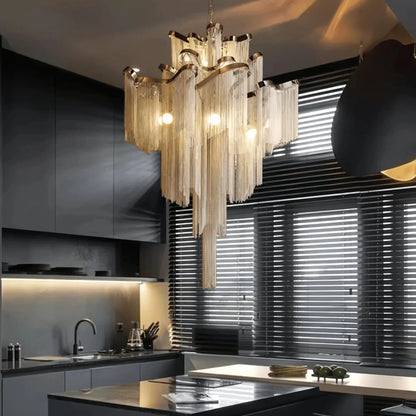 Post-Modern Extra Large Stainless Steel Long Tassel Chandelier - Zelno Lighting