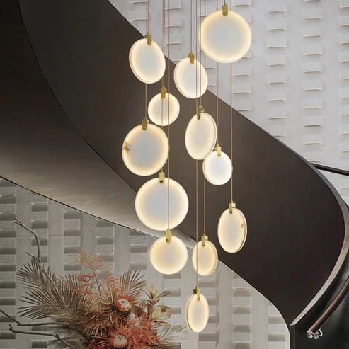 Queenie Alabaster Disc Long Round Chandelier For Loft - Zelno