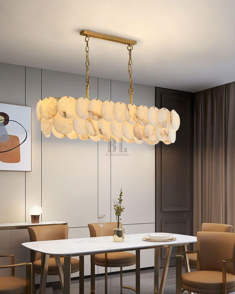 Rectangular Alabaster Chandelier Dia 100/120 with Round Shell Piece String Ceiling for Dining room - Zelno Lighting