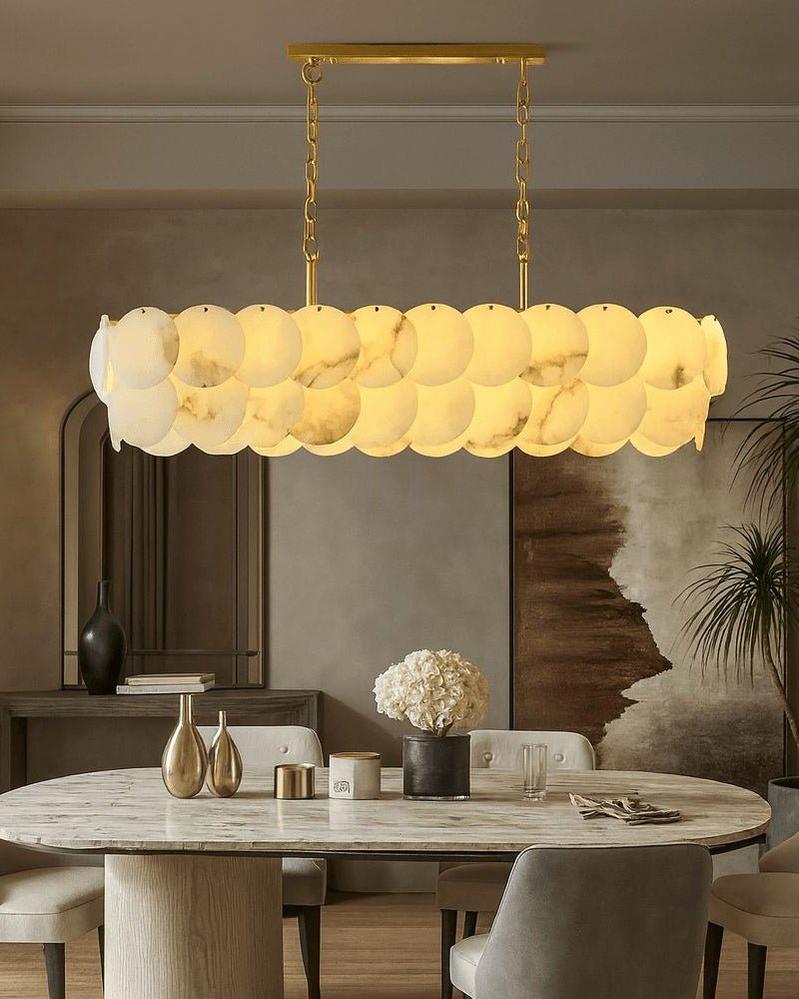 Rectangular Alabaster Chandelier Dia 100/120 with Round Shell Piece String Ceiling for Dining room - Zelno Lighting