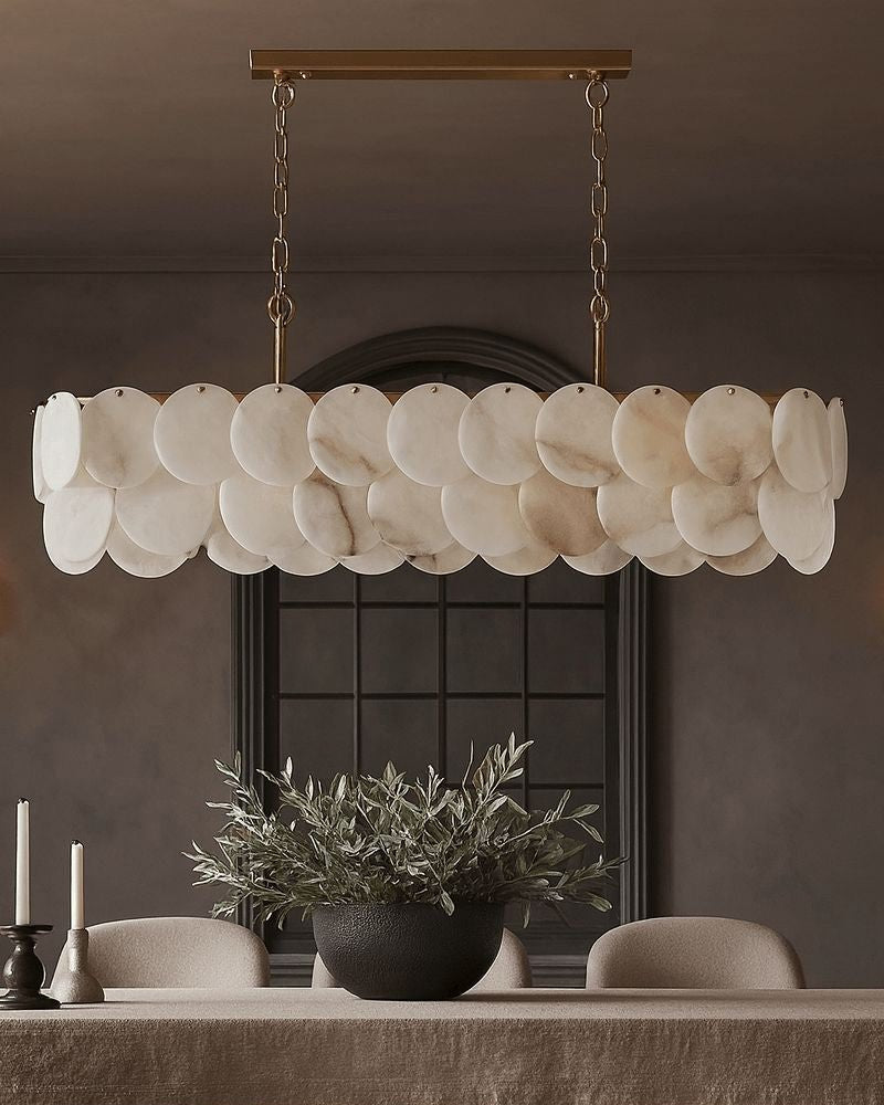 Rectangular Alabaster Chandelier Dia 100/120 with Round Shell Piece String Ceiling for Dining room - Zelno Lighting