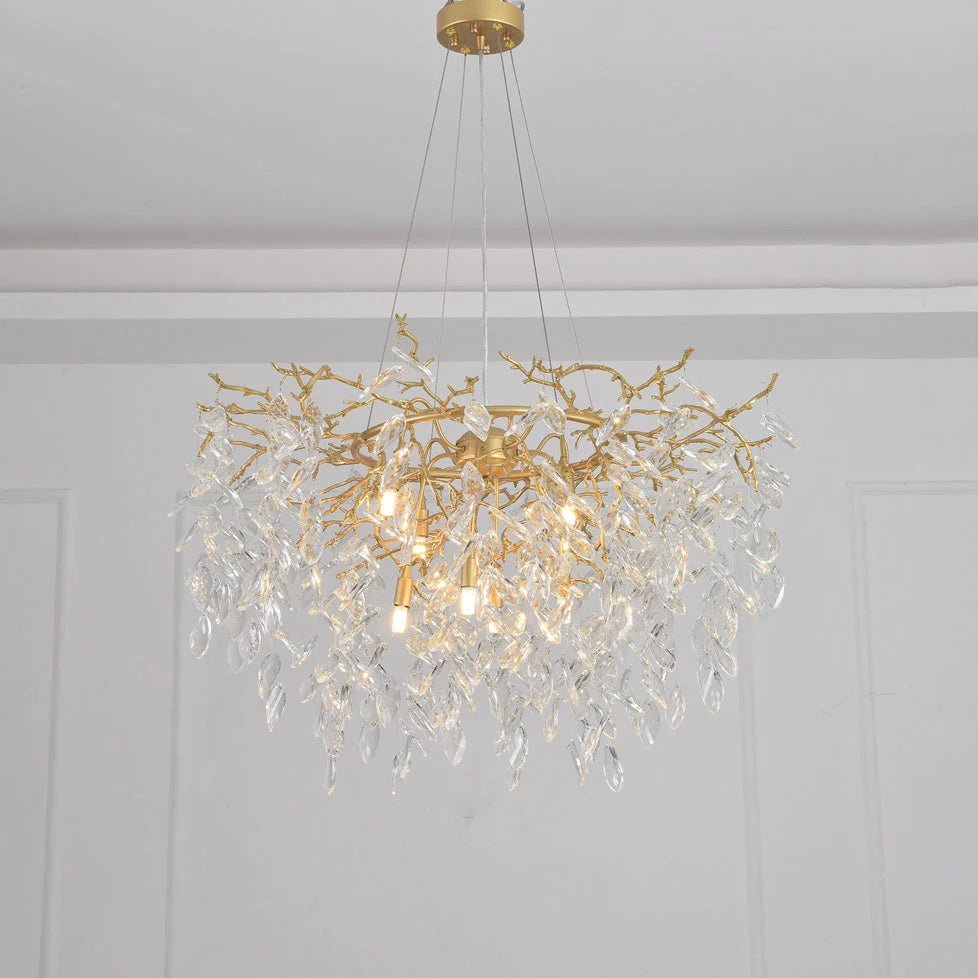 Round Gold Clear Modern Crystal Branch Chandelier - Zelno Lighting