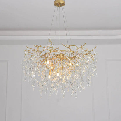 Round Gold Clear Modern Crystal Branch Chandelier - Zelno Lighting