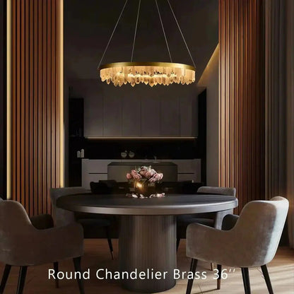 Round Modern Chandelier Brass & Clear Geode Quartz Crystal Hanging Light - Zelno Lighting