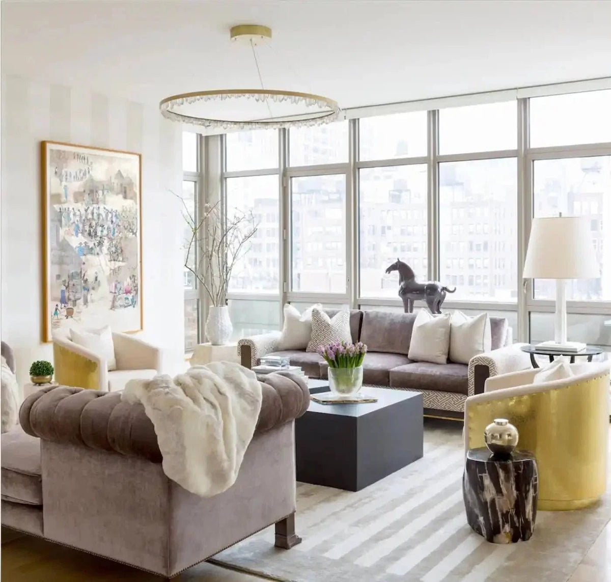 Round Modern Chandelier Brass & Clear Geode Quartz Crystal Hanging Light - Zelno Lighting