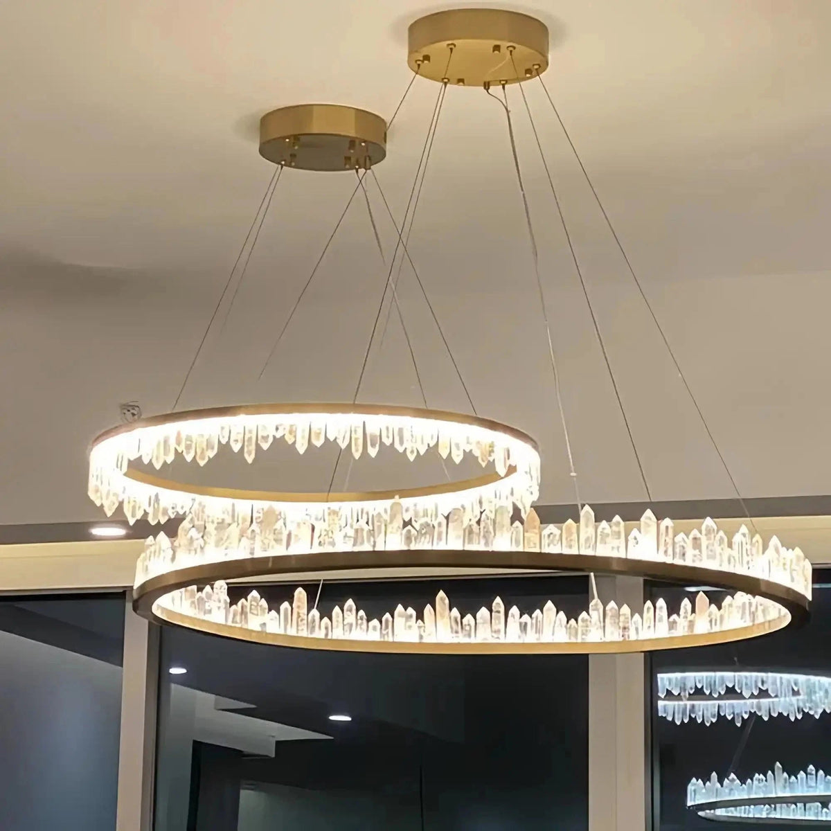Round Modern Chandelier Brass & Clear Geode Quartz Crystal Hanging Light - Zelno Lighting