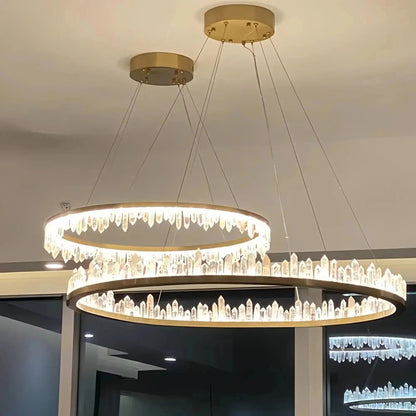 Round Modern Chandelier Brass & Clear Geode Quartz Crystal Hanging Light - Zelno Lighting