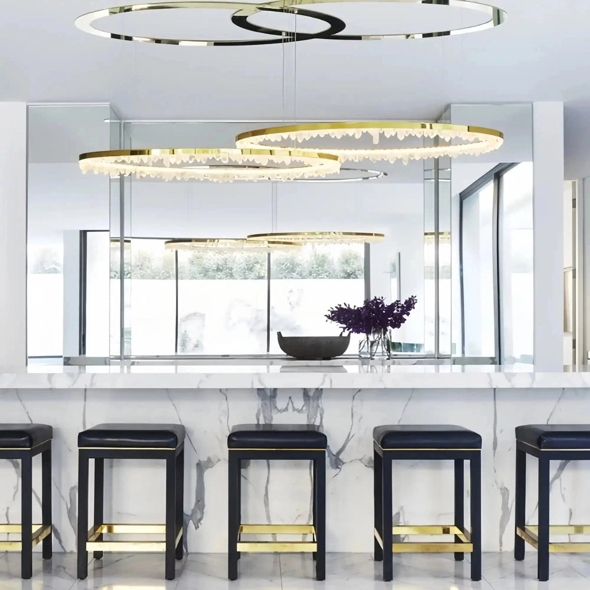 Round Modern Chandelier Brass & Clear Geode Quartz Crystal Hanging Light - Zelno Lighting