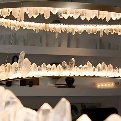 Round Modern Chandelier Brass & Clear Geode Quartz Crystal Hanging Light - Zelno Lighting