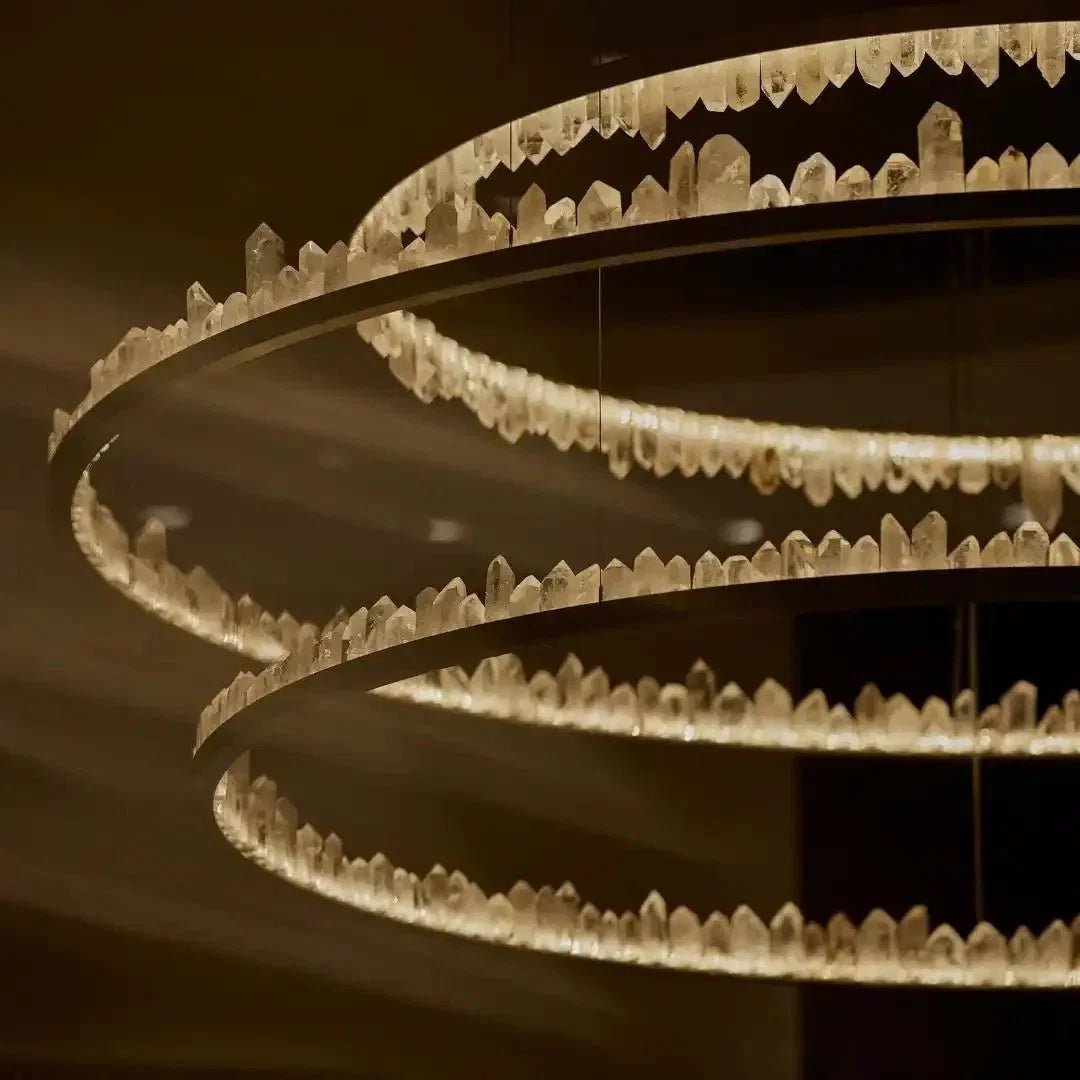 Round Modern Chandelier Brass & Clear Geode Quartz Crystal Hanging Light - Zelno Lighting