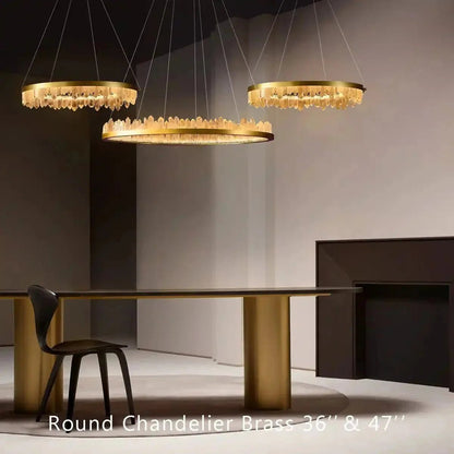 Round Modern Chandelier Brass & Clear Geode Quartz Crystal Hanging Light - Zelno Lighting