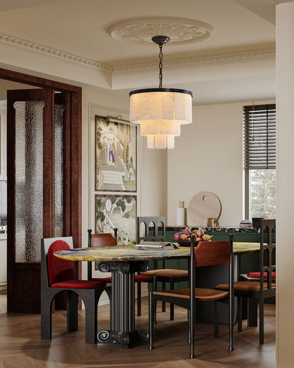 Round Tiered Alabaster Chandelier Lamp Black for Living Room, Bedroom, Dining Room - Zelno Lighting
