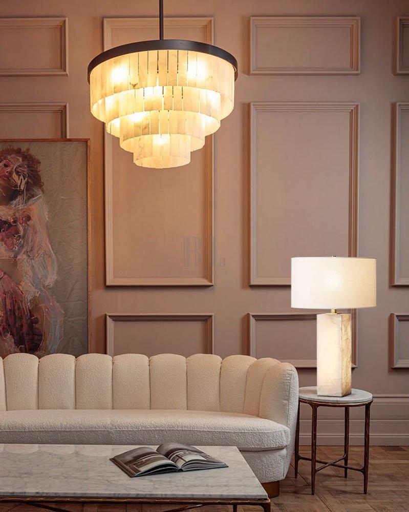 Round Tiered Alabaster Chandelier Lamp Black for Living Room, Bedroom, Dining Room - Zelno Lighting
