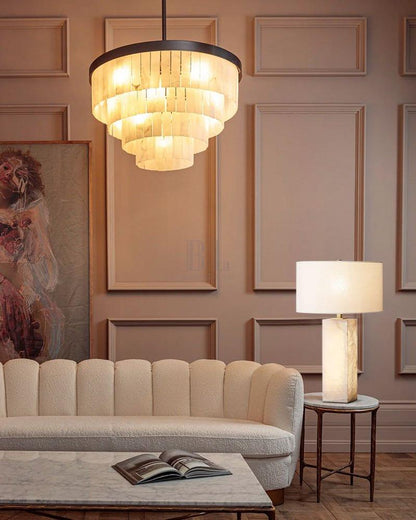 Round Tiered Alabaster Chandelier Lamp Black for Living Room, Bedroom, Dining Room - Zelno Lighting