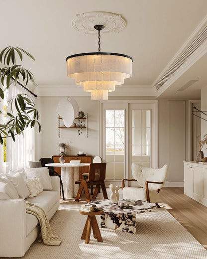 Round Tiered Alabaster Chandelier Lamp Black for Living Room, Bedroom, Dining Room - Zelno Lighting