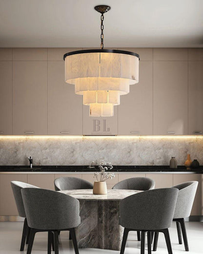 Round Tiered Alabaster Chandelier Lamp Black for Living Room, Bedroom, Dining Room - Zelno Lighting