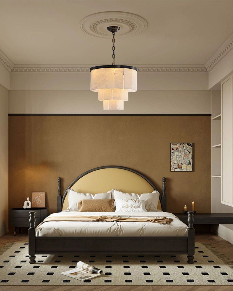 Round Tiered Alabaster Chandelier Lamp Black for Living Room, Bedroom, Dining Room - Zelno Lighting
