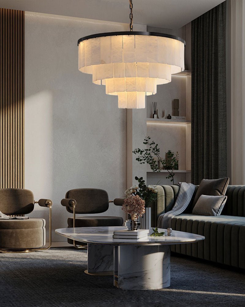 Round Tiered Alabaster Chandelier Lamp Black for Living Room, Bedroom, Dining Room - Zelno Lighting