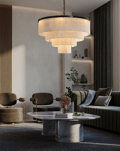 Round Tiered Alabaster Chandelier Lamp Black for Living Room, Bedroom, Dining Room - Zelno Lighting