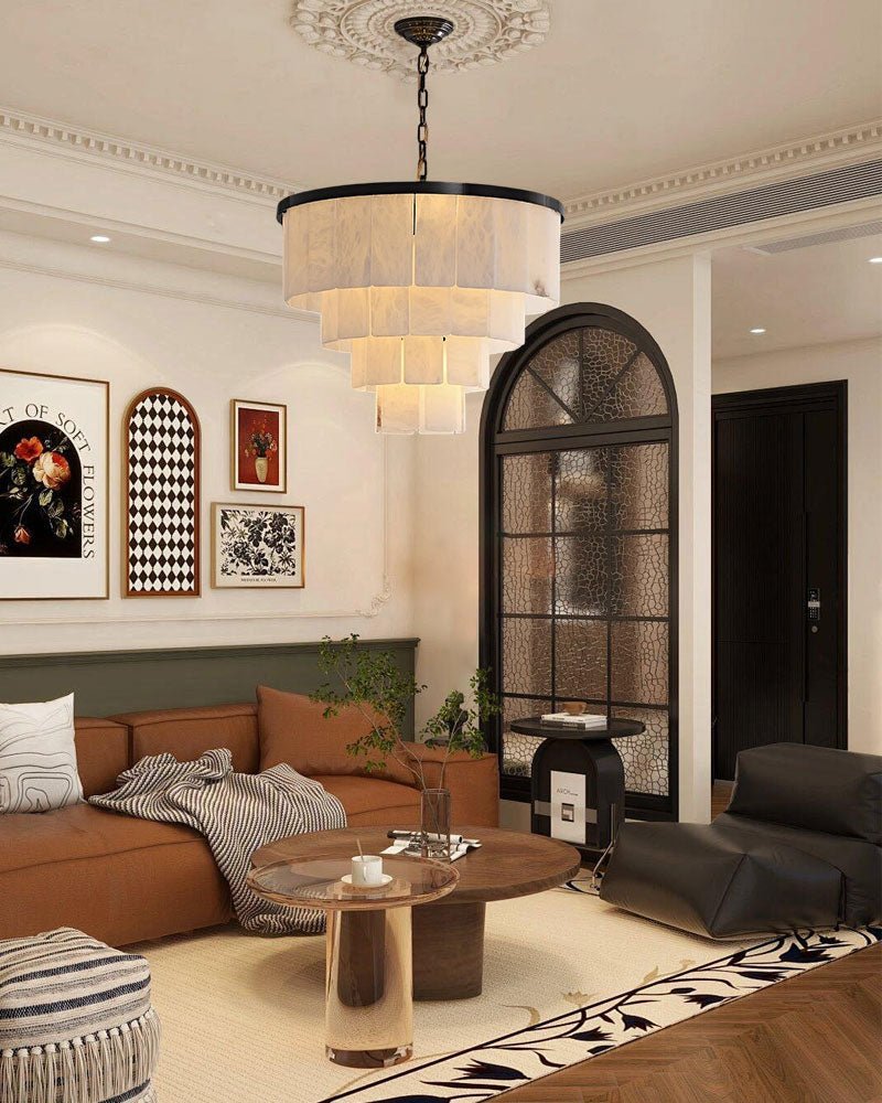 Round Tiered Alabaster Chandelier Lamp Black for Living Room, Bedroom, Dining Room - Zelno Lighting